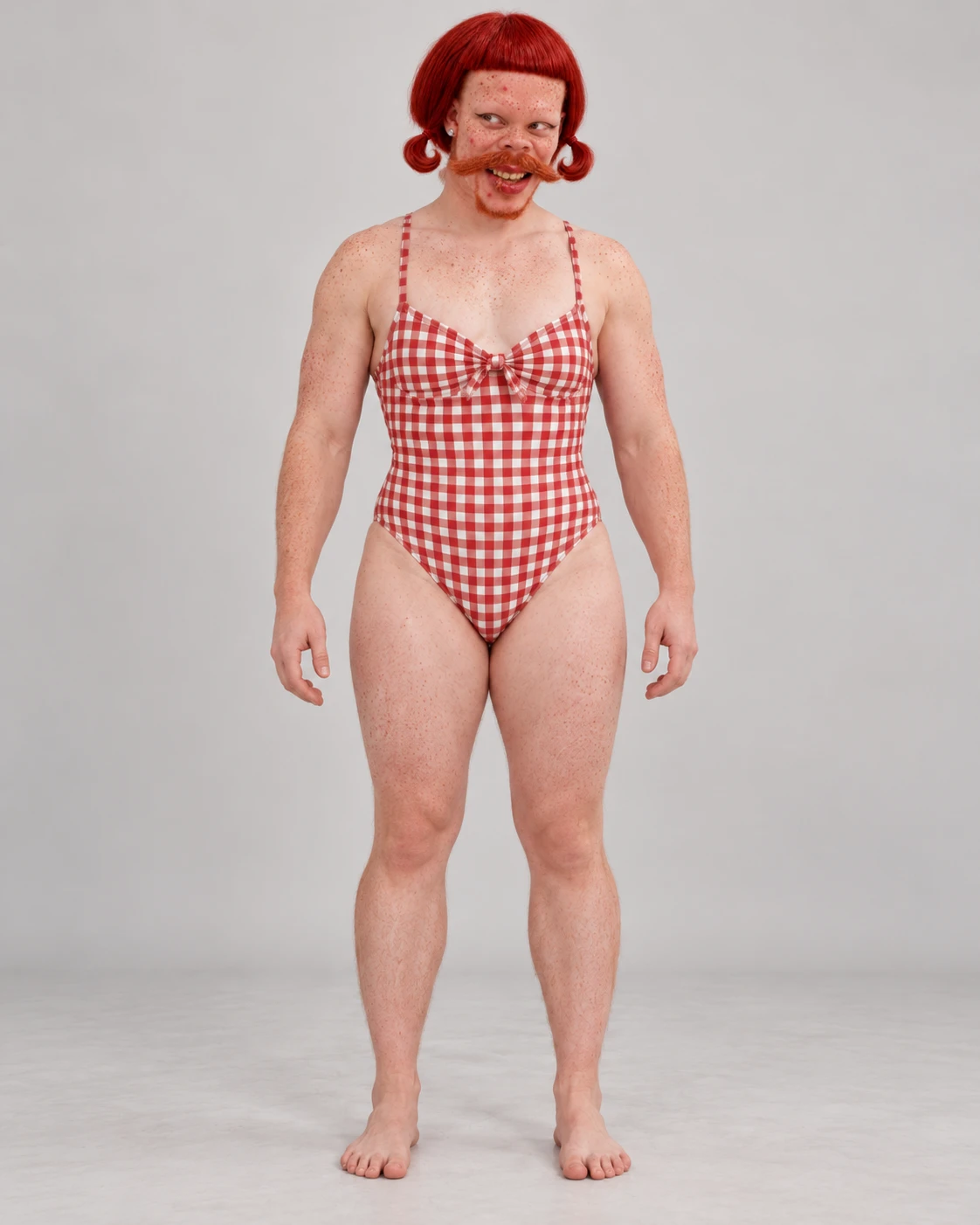 Dorothy Pudgewick standing and facing the camera in the gingham swimsuit