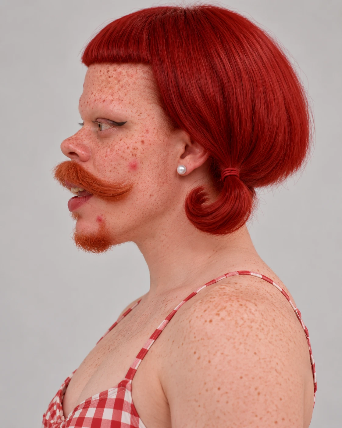 Close-up of Dorothy's ginger handlebar mustache in profile